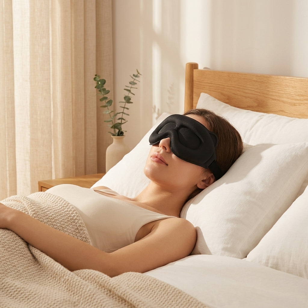3D memory foam sleep mask resting on white linen pillow in a serene golden-hour bedroom