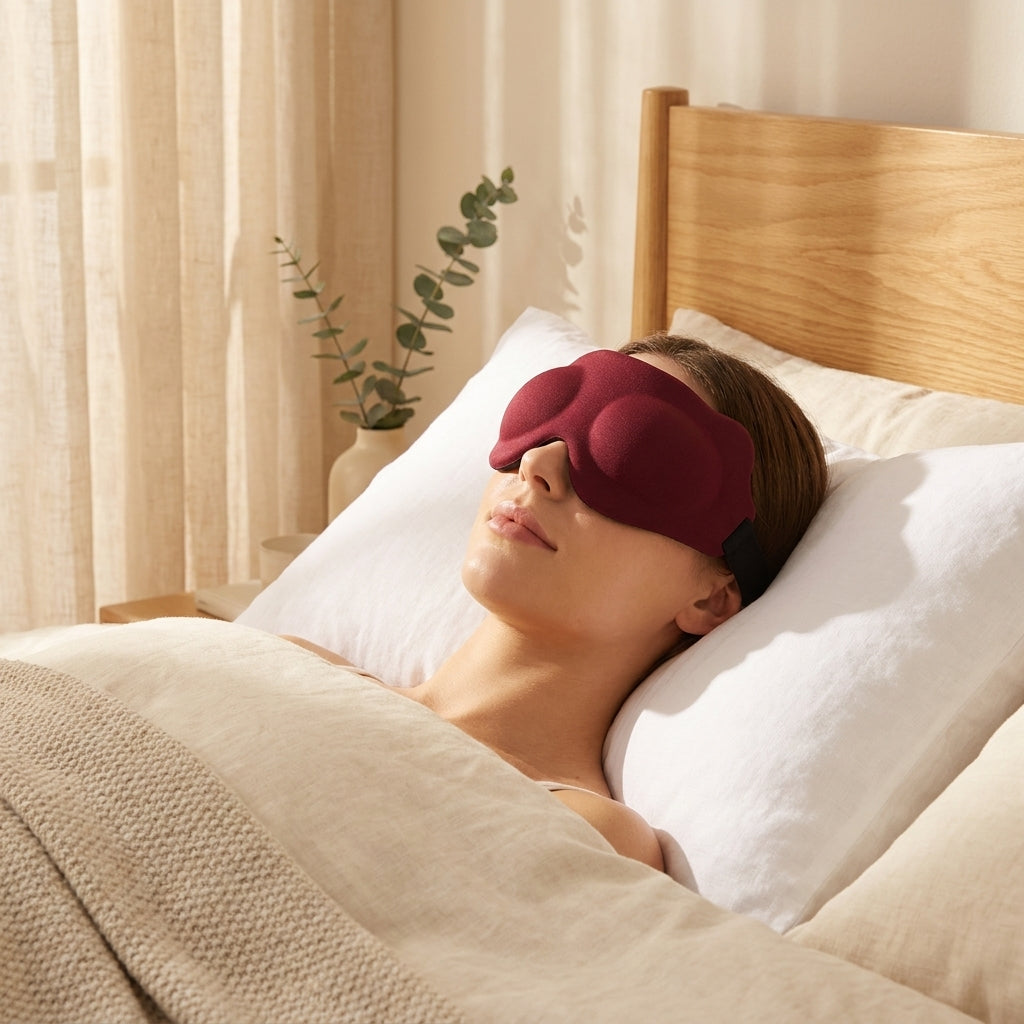 Dark red 3D memory foam sleep mask resting on white linen pillow in a serene golden-hour bedroom