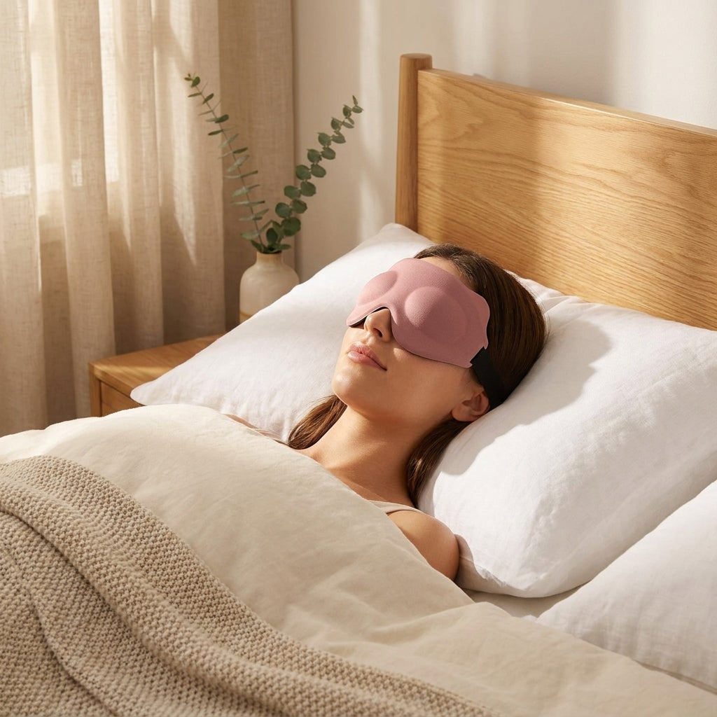 Pink 3D memory foam sleep mask resting on white linen pillow in a serene golden-hour bedroom