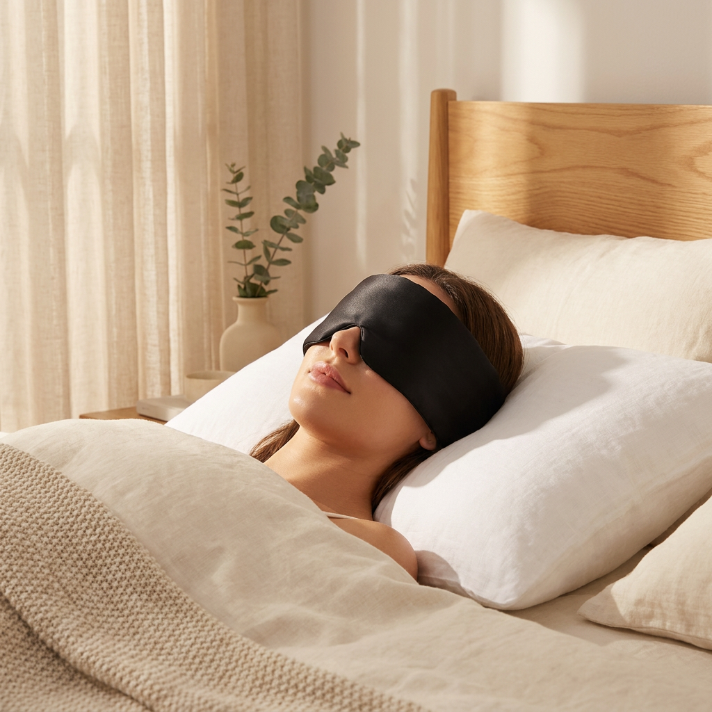 Black silk sleep mask resting on white linen pillow in a serene golden-hour bedroom