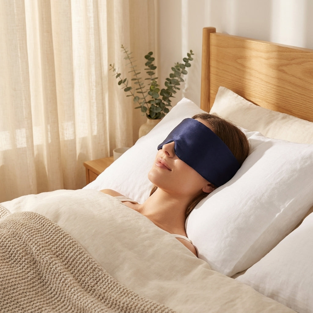 Dark navy silk sleep mask resting on white linen pillow in a serene golden-hour bedroom