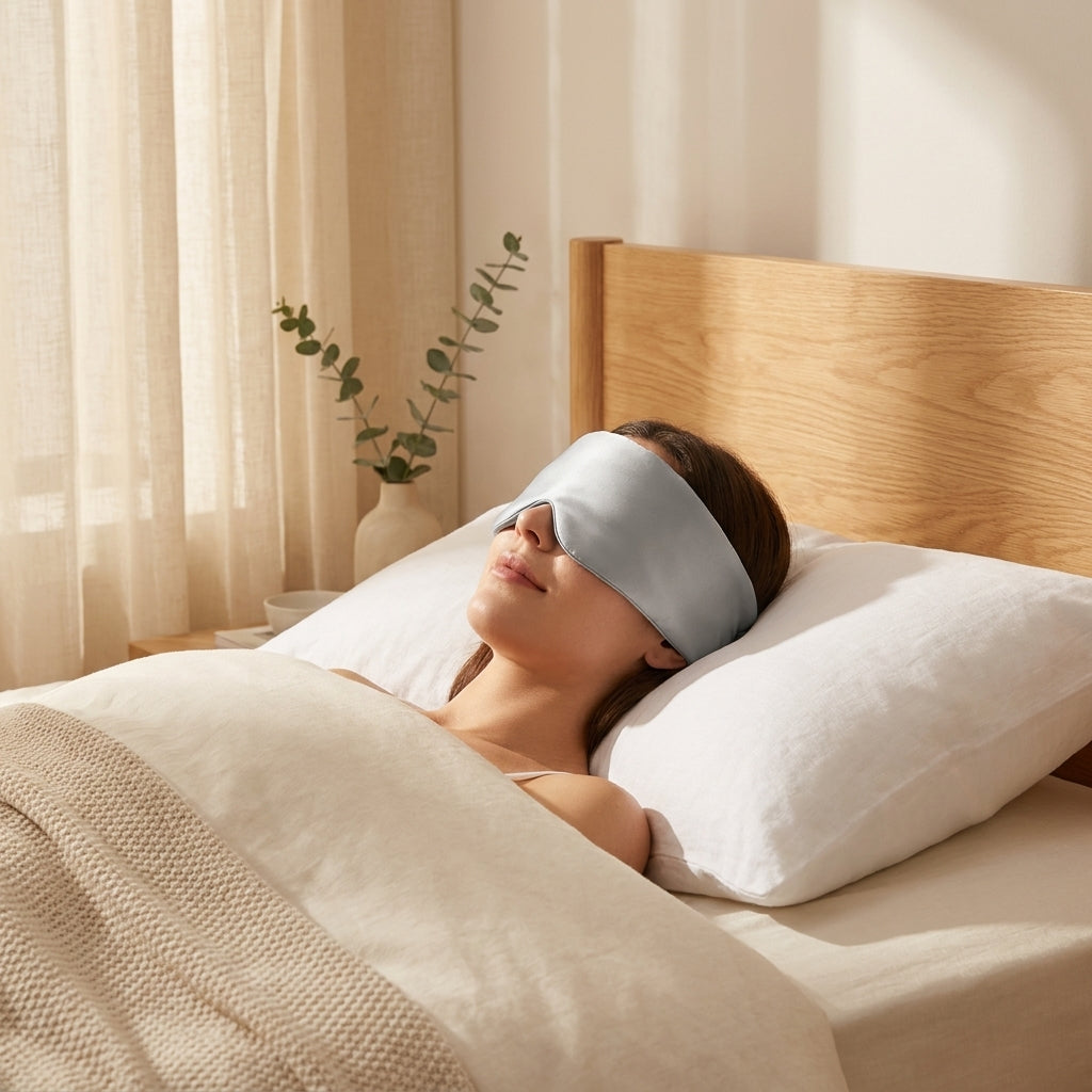 Water gray silk sleep mask resting on white linen pillow in a serene golden-hour bedroom