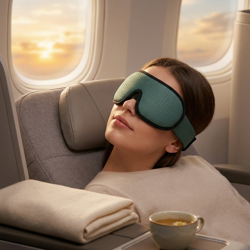 Green hollow sleep mask in premium plane window seat at dusk