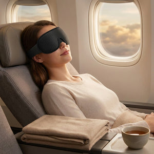 Black hollow sleep mask in premium plane window seat at dusk
