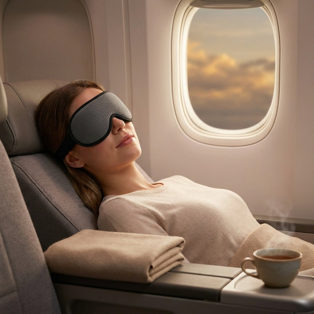 Grey hollow sleep mask in premium plane window seat at dusk
