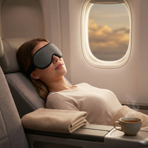 Grey hollow sleep mask in premium plane window seat at dusk