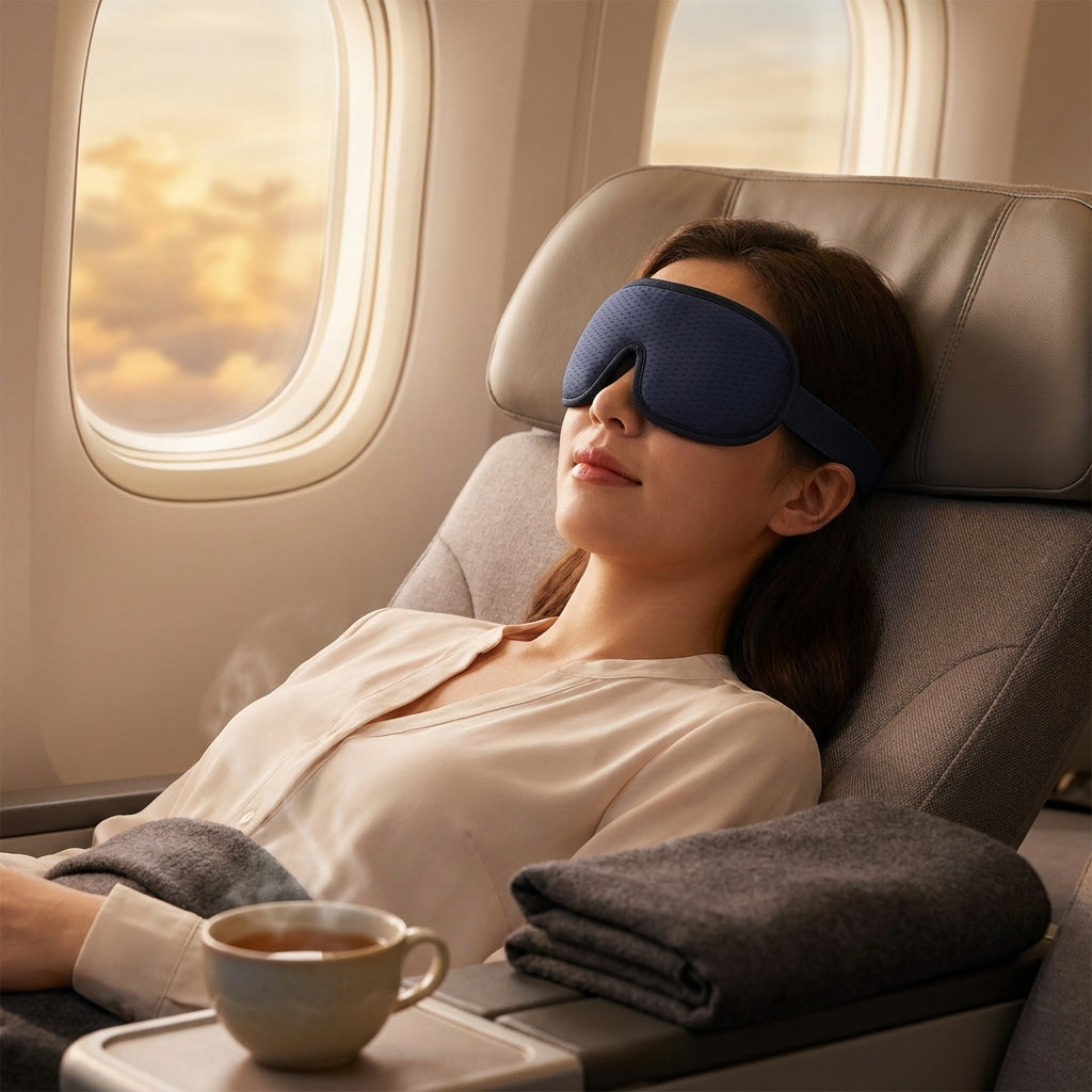 Navy blue hollow sleep mask in premium plane window seat at dusk