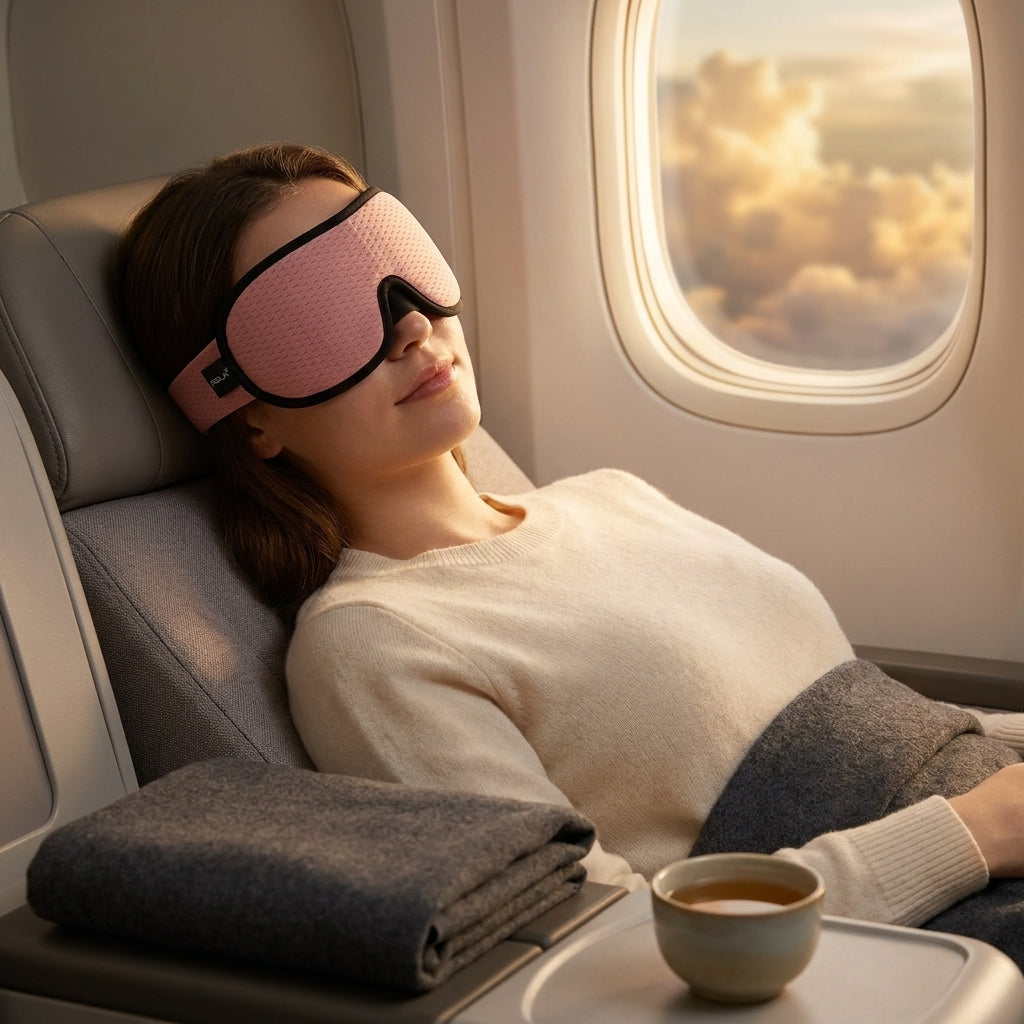 Pink hollow sleep mask in premium plane window seat at dusk