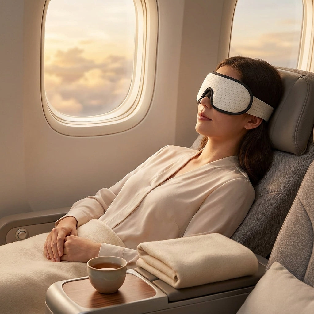 White hollow sleep mask in premium plane window seat at dusk