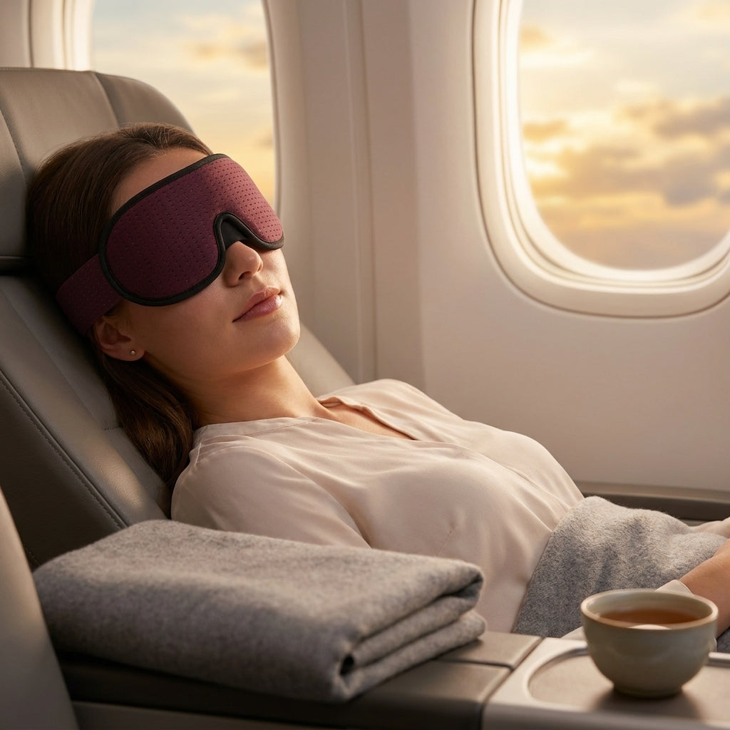 Wine red hollow sleep mask in premium plane window seat at dusk
