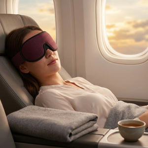 Wine red hollow sleep mask in premium plane window seat at dusk