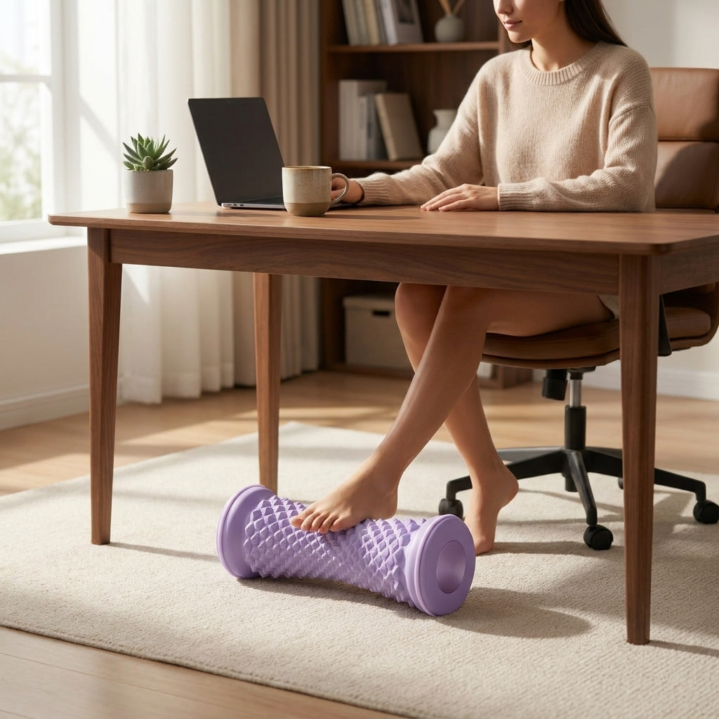 Purple foot roller massager used under desk in calm modern home office