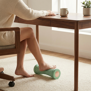 Green foot roller massager used under desk in calm modern home office