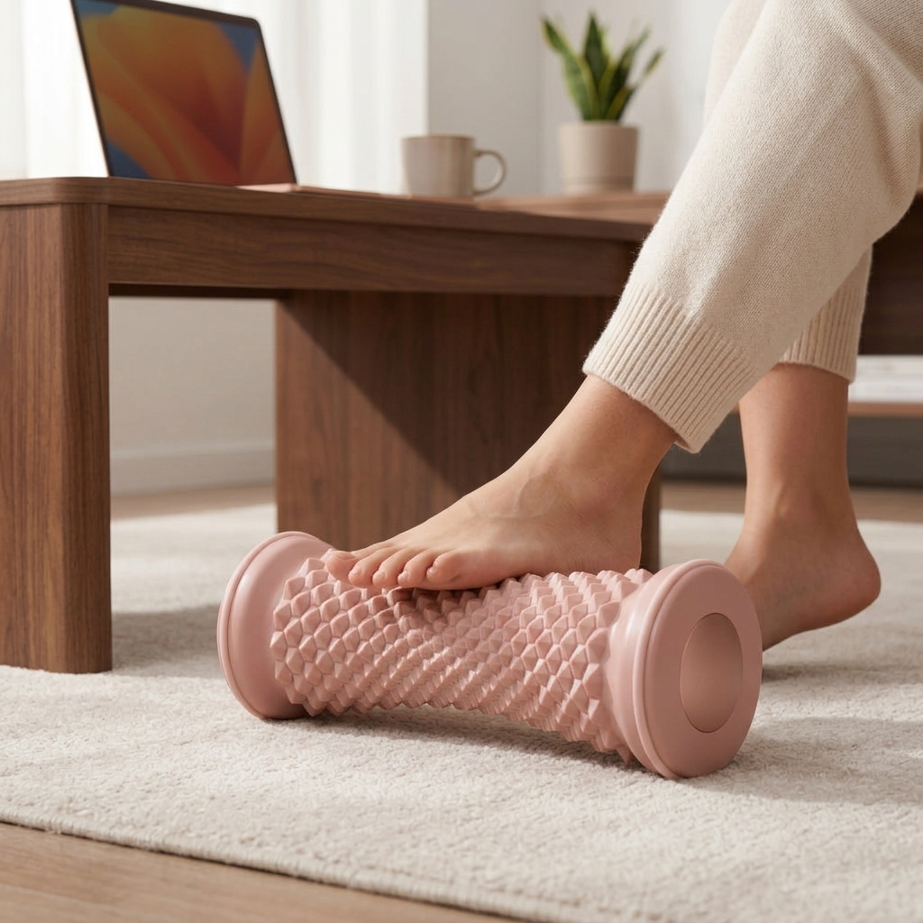 Pink foot roller massager used under desk in calm modern home office