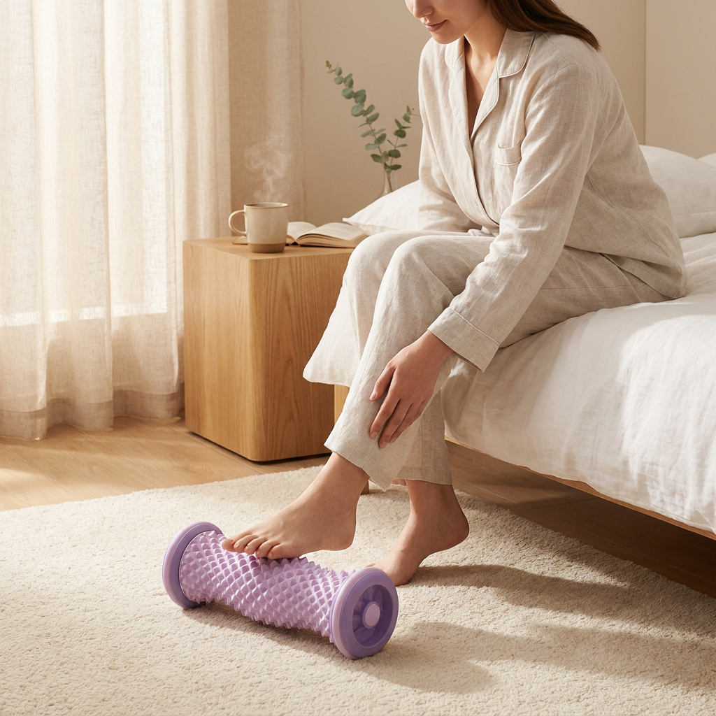 Purple spiked-wheel foot roller during bedside morning routine