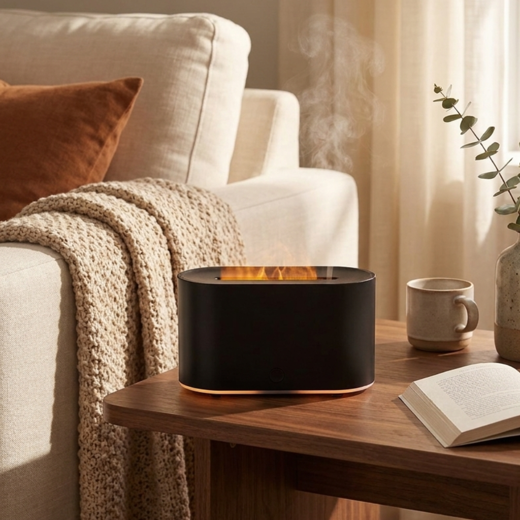 Flame Aroma Diffuser with Simulated Fire Effect & Color Light – USB Mini Humidifier, 7 Finishes – Aura & Ash