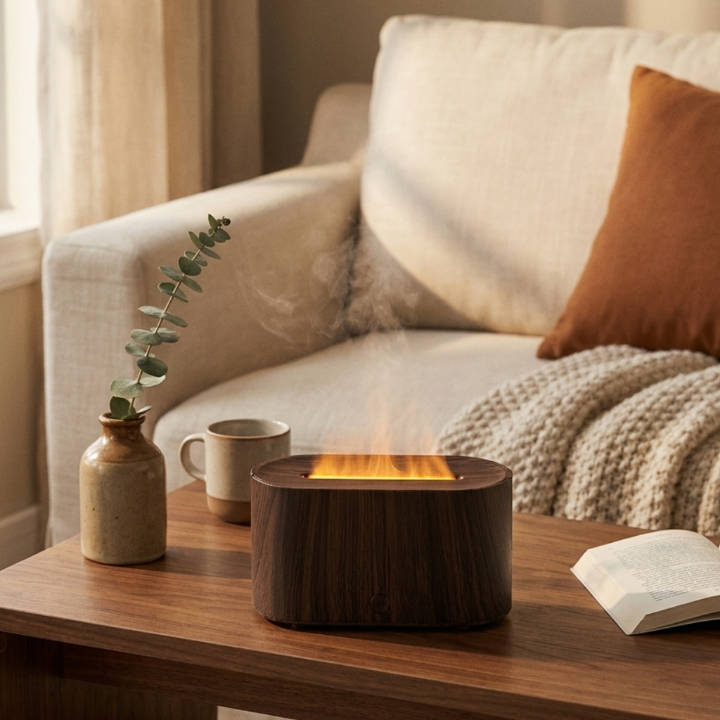 Flame Aroma Diffuser with Simulated Fire Effect & Color Light – USB Mini Humidifier, 7 Finishes – Aura & Ash