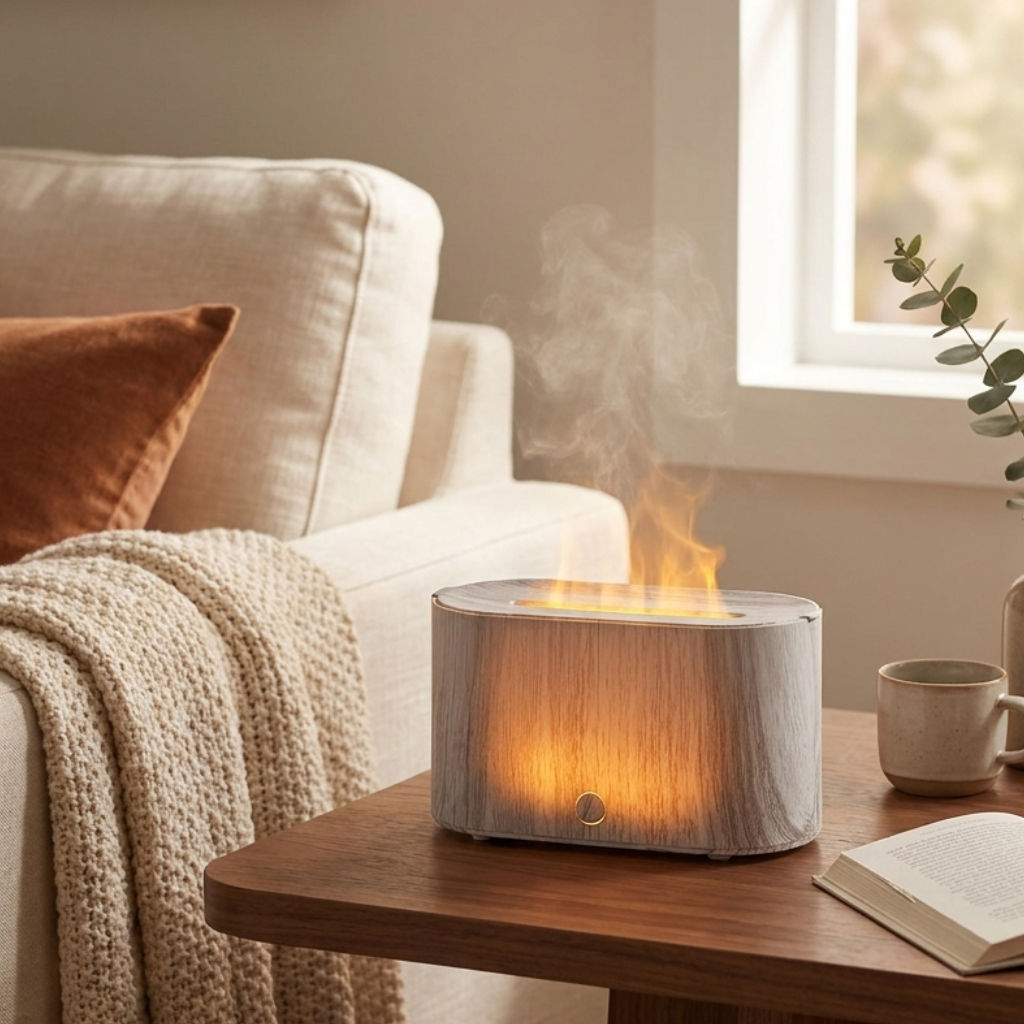 Flame Aroma Diffuser with Simulated Fire Effect & Color Light – USB Mini Humidifier, 7 Finishes – Aura & Ash