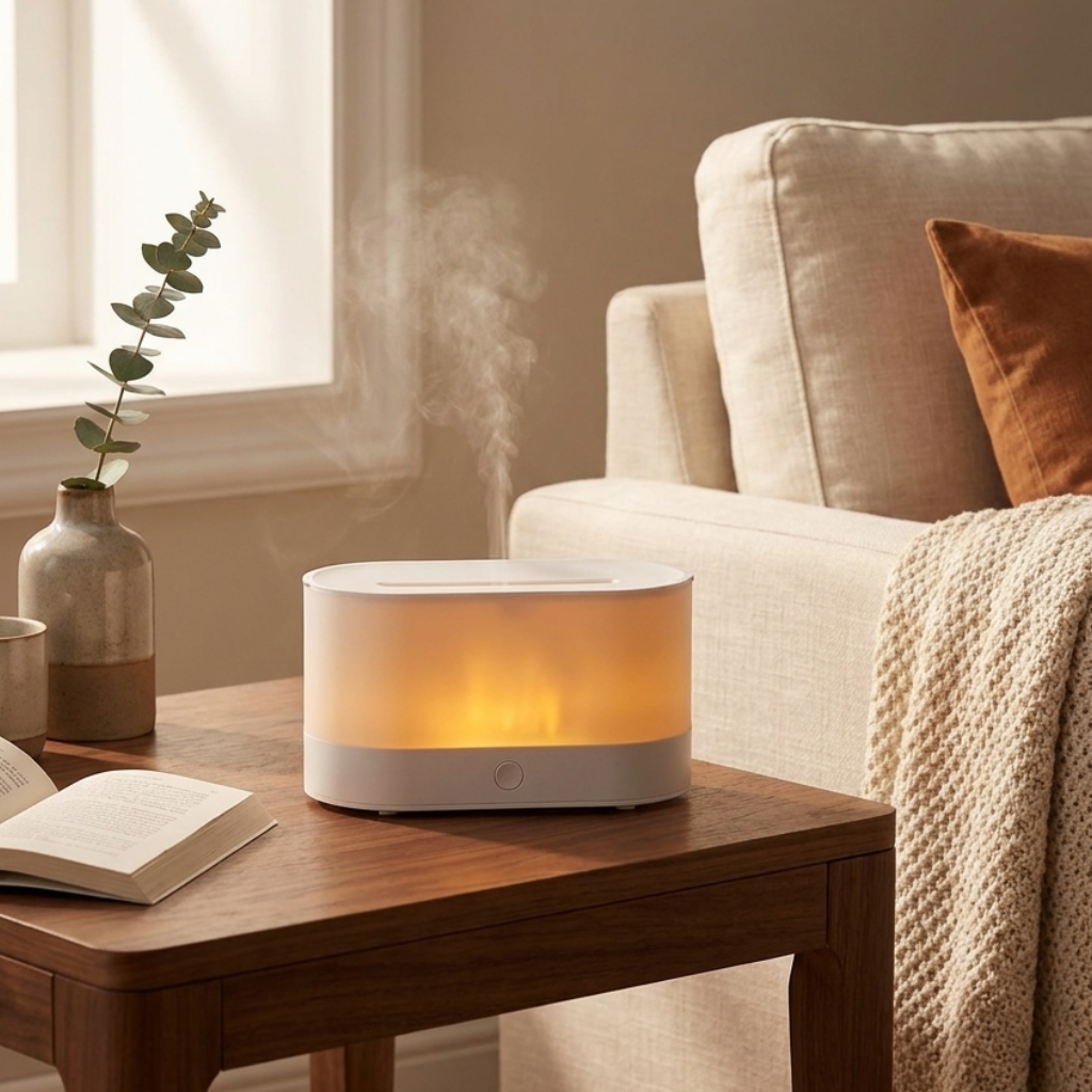 Flame Aroma Diffuser with Simulated Fire Effect & Color Light – USB Mini Humidifier, 7 Finishes – Aura & Ash