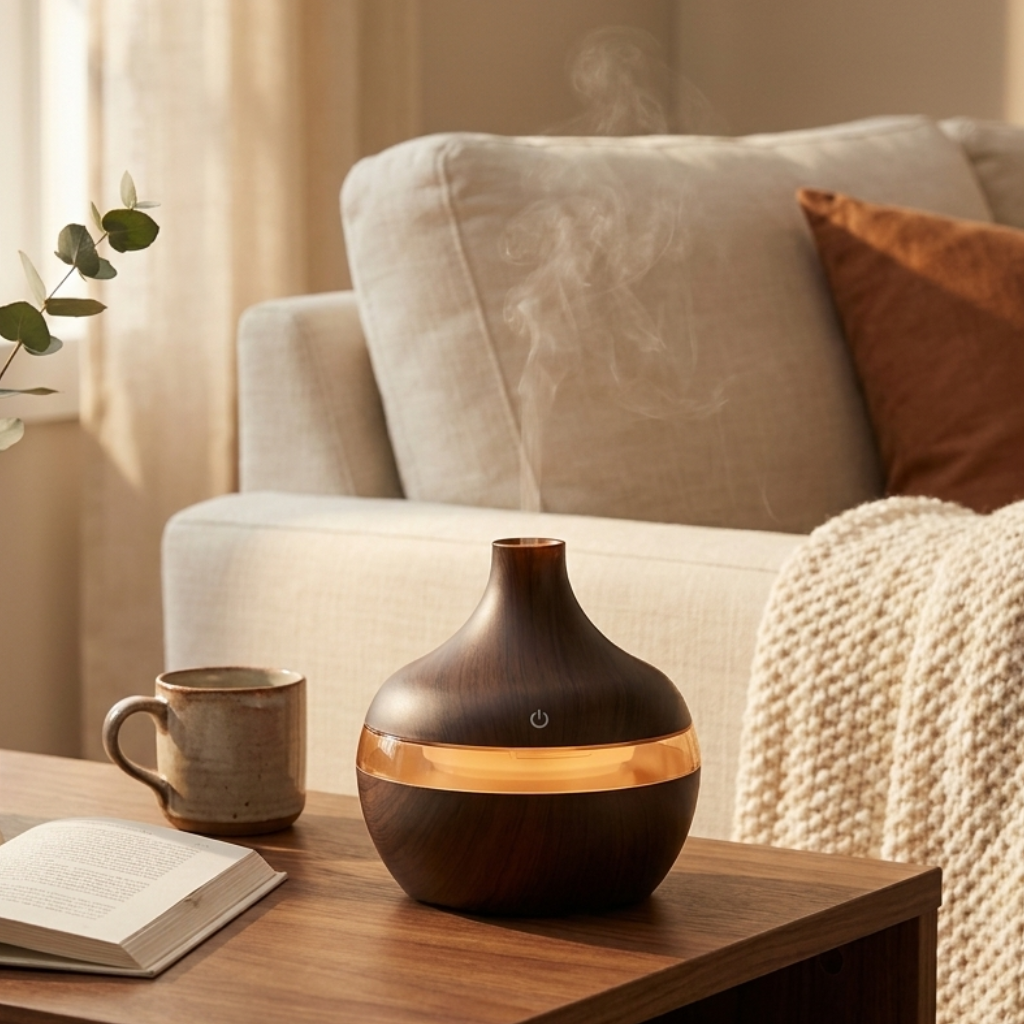 Aroma Diffuser & Humidifier 300ml with Wood Grain Design – Auto Shutoff, LED Light, USB – Aura & Ash
