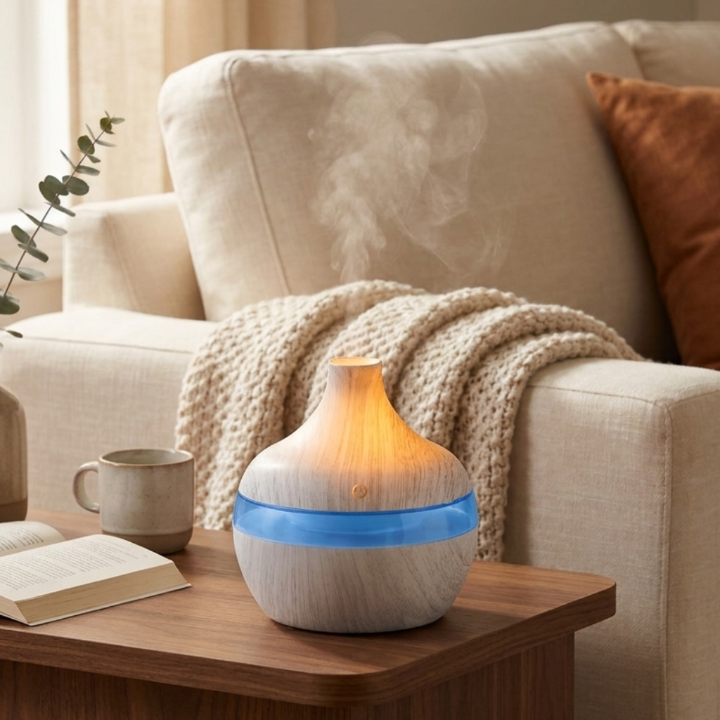 Aroma Diffuser & Humidifier 300ml with Wood Grain Design – Auto Shutoff, LED Light, USB – Aura & Ash