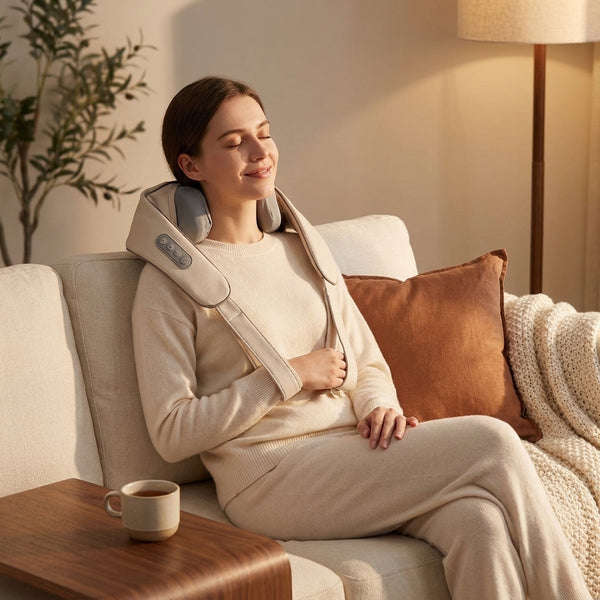 Beige neck and shoulder massager worn during couch evening recovery