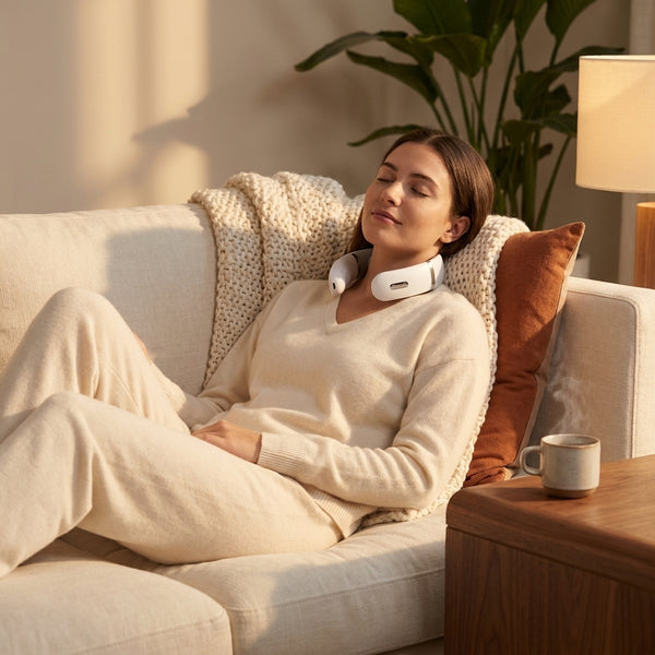 White U-shaped pulse neck massager worn during couch evening recovery