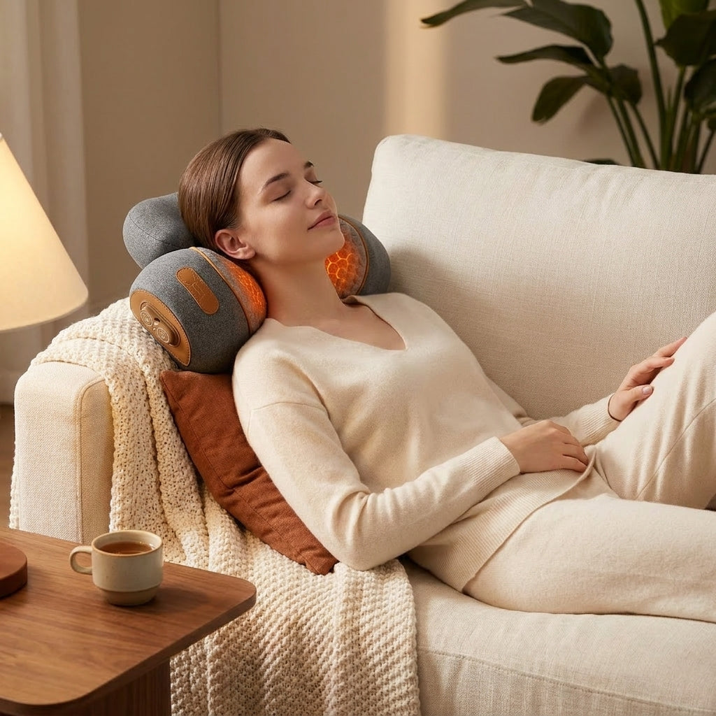 Heated neck massage pillow with traction cradling neck during couch evening recovery