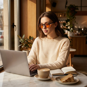 Black amber-lens blue light blocking glasses worn at a coffee shop with laptop