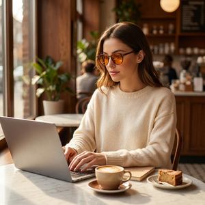 Brown amber-lens blue light blocking glasses worn at a coffee shop with laptop