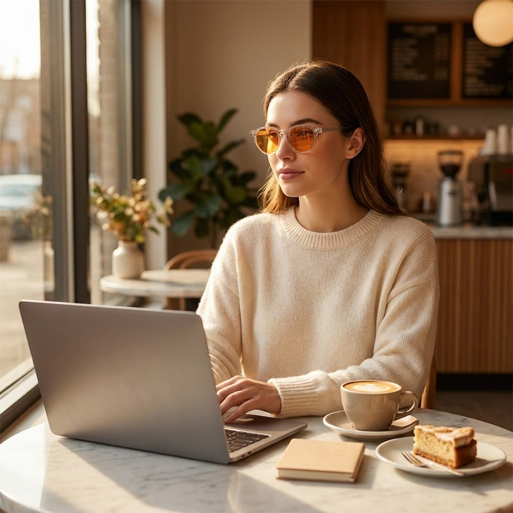 Clear amber-lens blue light blocking glasses worn at a coffee shop with laptop