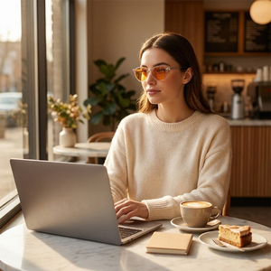 Clear amber-lens blue light blocking glasses worn at a coffee shop with laptop