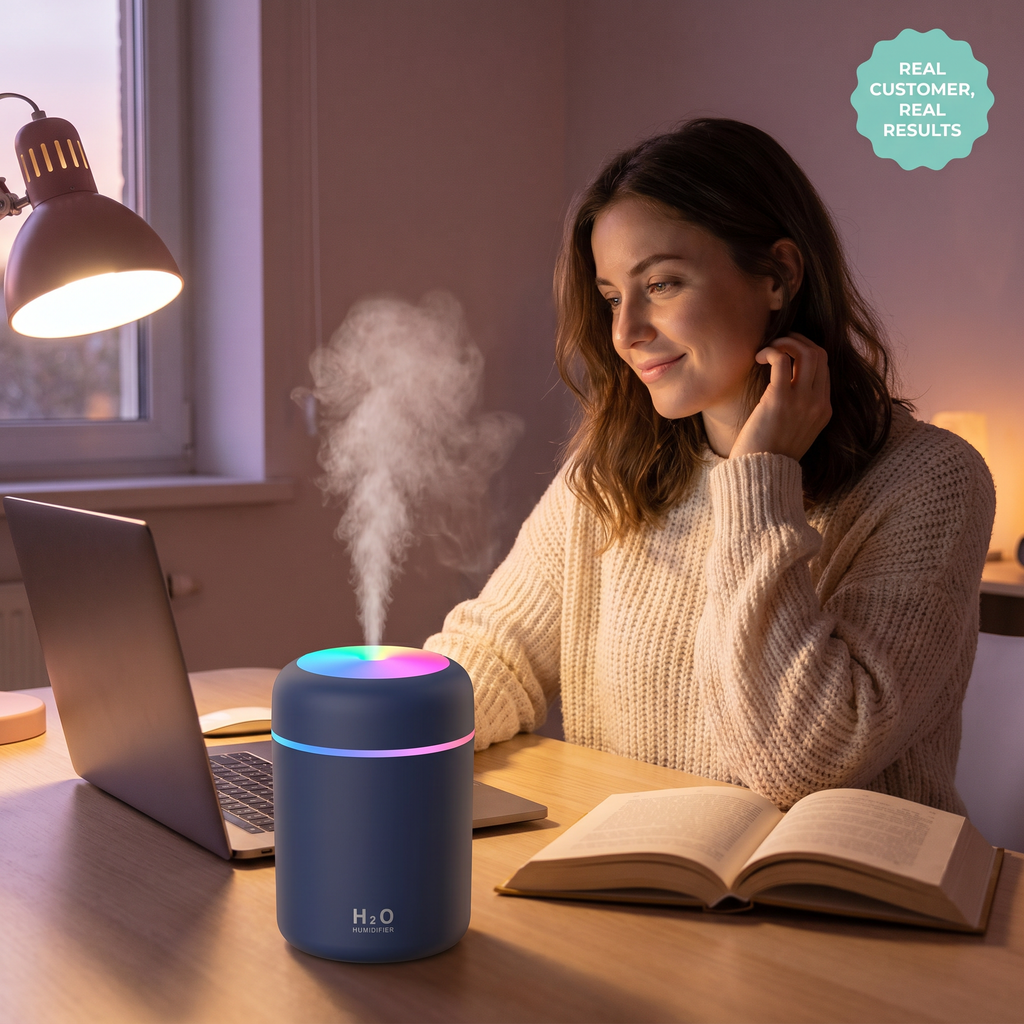 Mini Desk & Car Humidifier 300ml – 2 Spray Modes, 4/6Hr Auto Shutoff, Ambient Light, USB – RestFlow