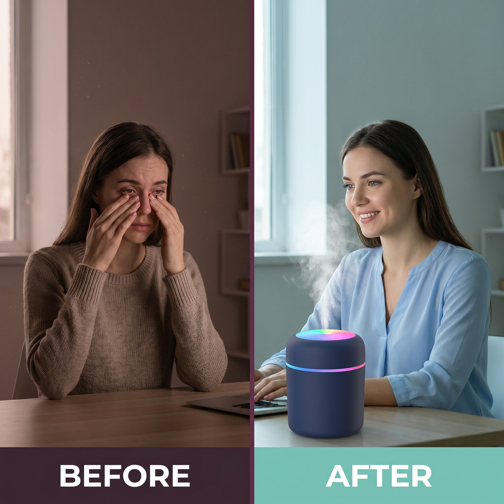 Mini Desk & Car Humidifier 300ml – 2 Spray Modes, 4/6Hr Auto Shutoff, Ambient Light, USB – RestFlow