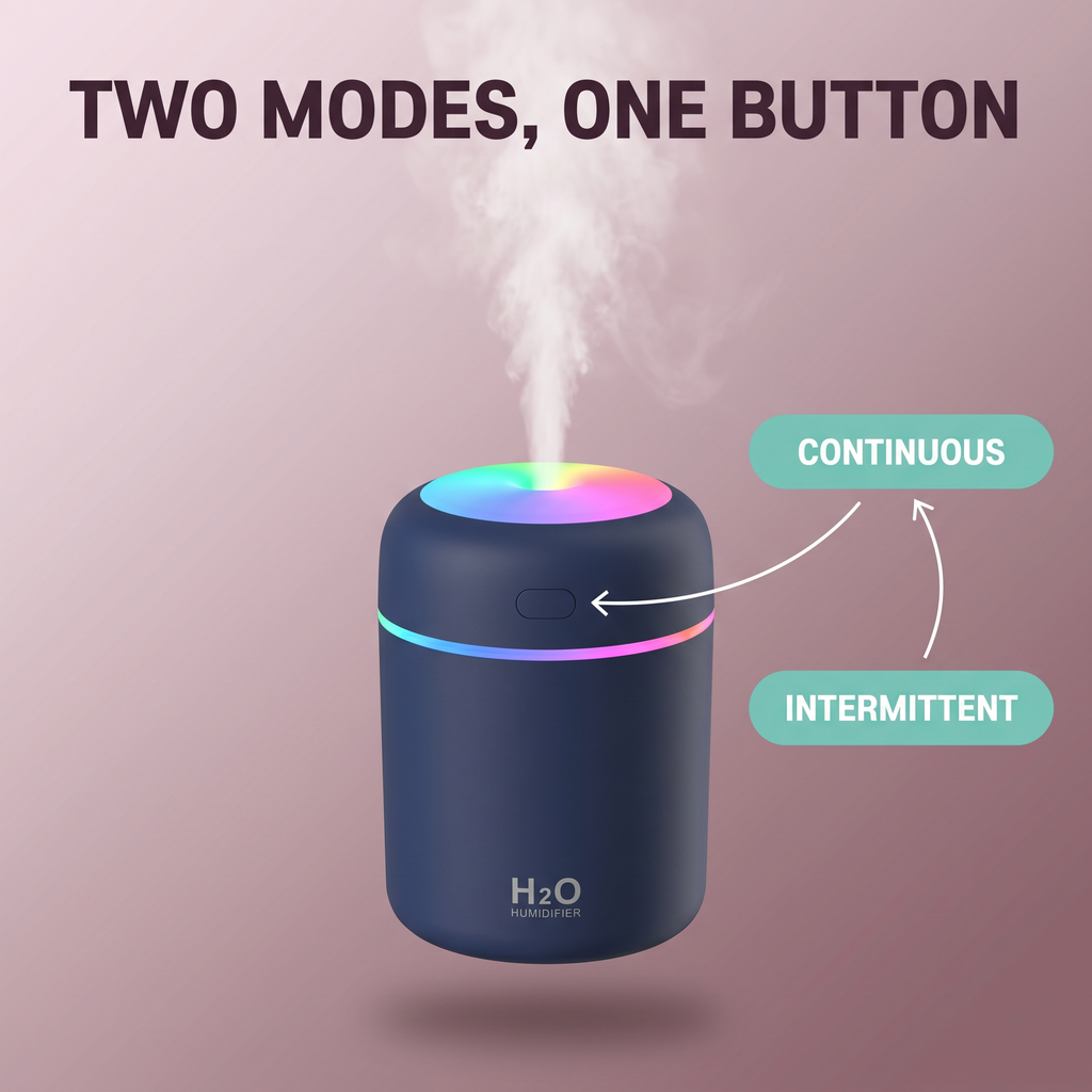 Mini Desk & Car Humidifier 300ml – 2 Spray Modes, 4/6Hr Auto Shutoff, Ambient Light, USB – RestFlow