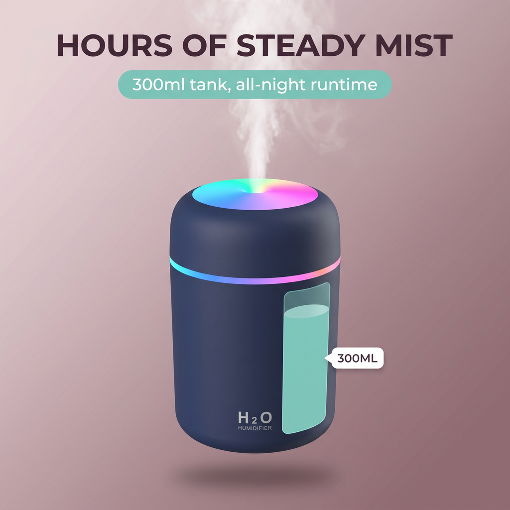 Mini Desk & Car Humidifier 300ml – 2 Spray Modes, 4/6Hr Auto Shutoff, Ambient Light, USB – RestFlow