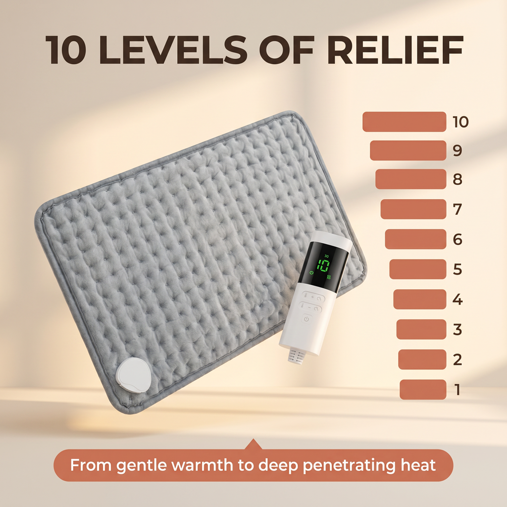 Electric Heating Pad for Back & Shoulder Relief – 10 Heat Settings, 3 Timer Options, Soft Quilted Fabric – HeatWave