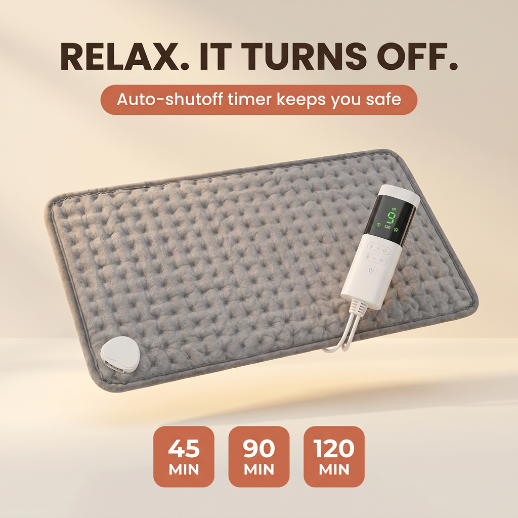 Electric Heating Pad for Back & Shoulder Relief – 10 Heat Settings, 3 Timer Options, Soft Quilted Fabric – HeatWave