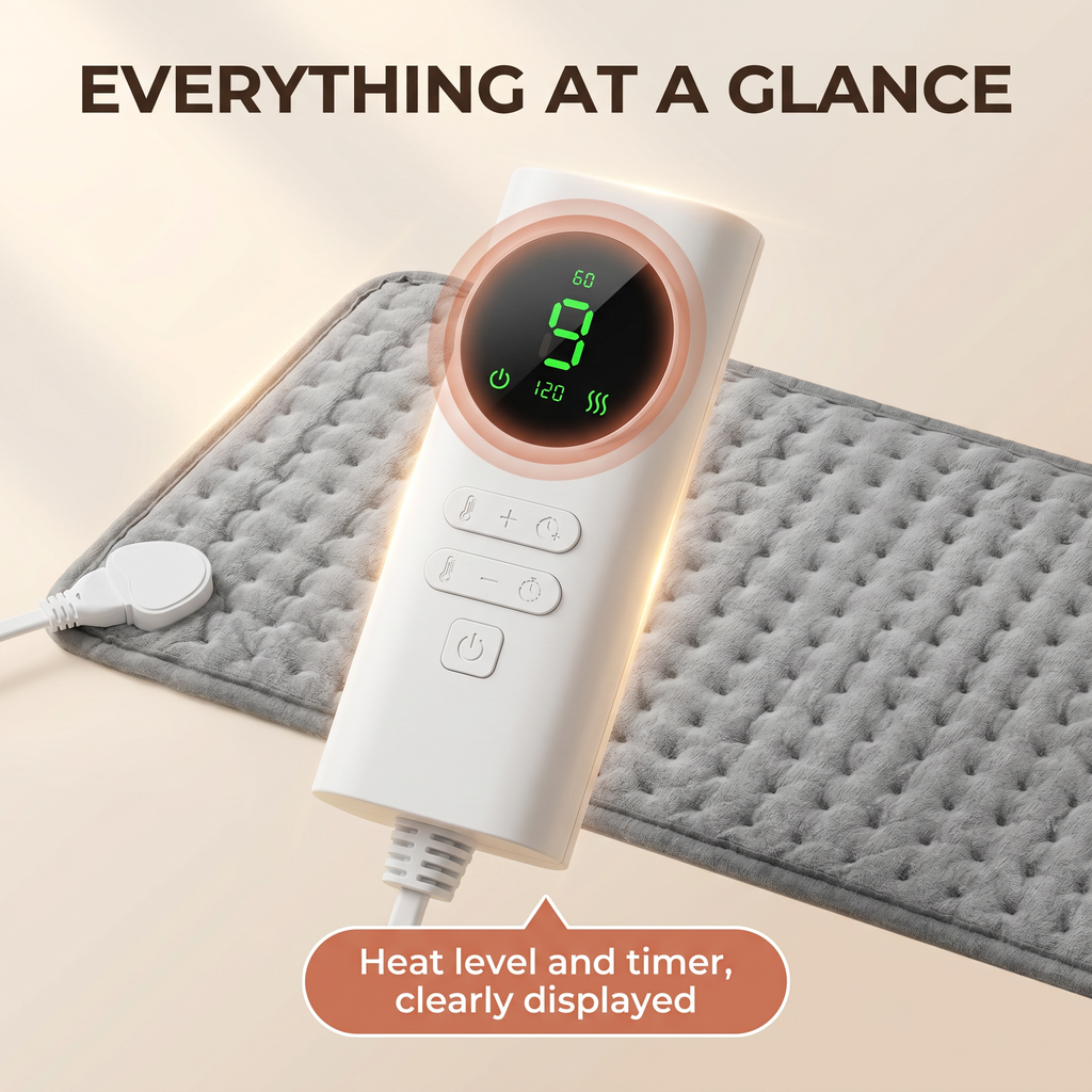 Electric Heating Pad for Back & Shoulder Relief – 10 Heat Settings, 3 Timer Options, Soft Quilted Fabric – HeatWave