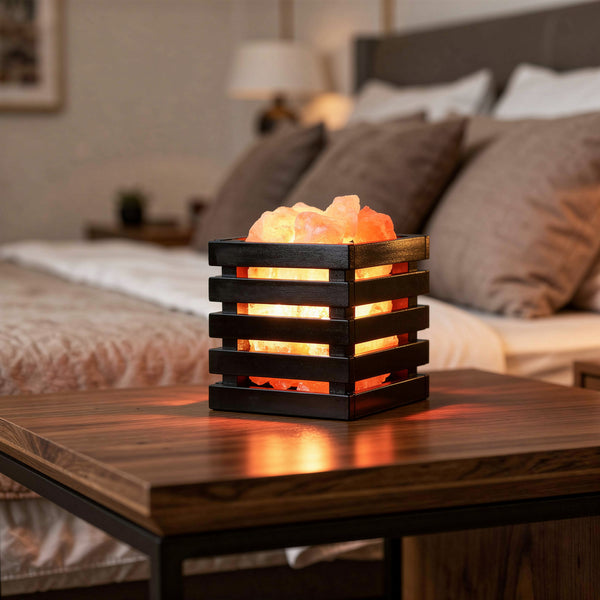Himalayan Crystal Salt Lamp with Wooden Crate Frame – Warm Ambient LED Light, USB Powered – Black/White – Aura & Ash