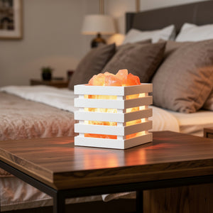 Himalayan Crystal Salt Lamp with Wooden Crate Frame – Warm Ambient LED Light, USB Powered – Black/White – Aura & Ash