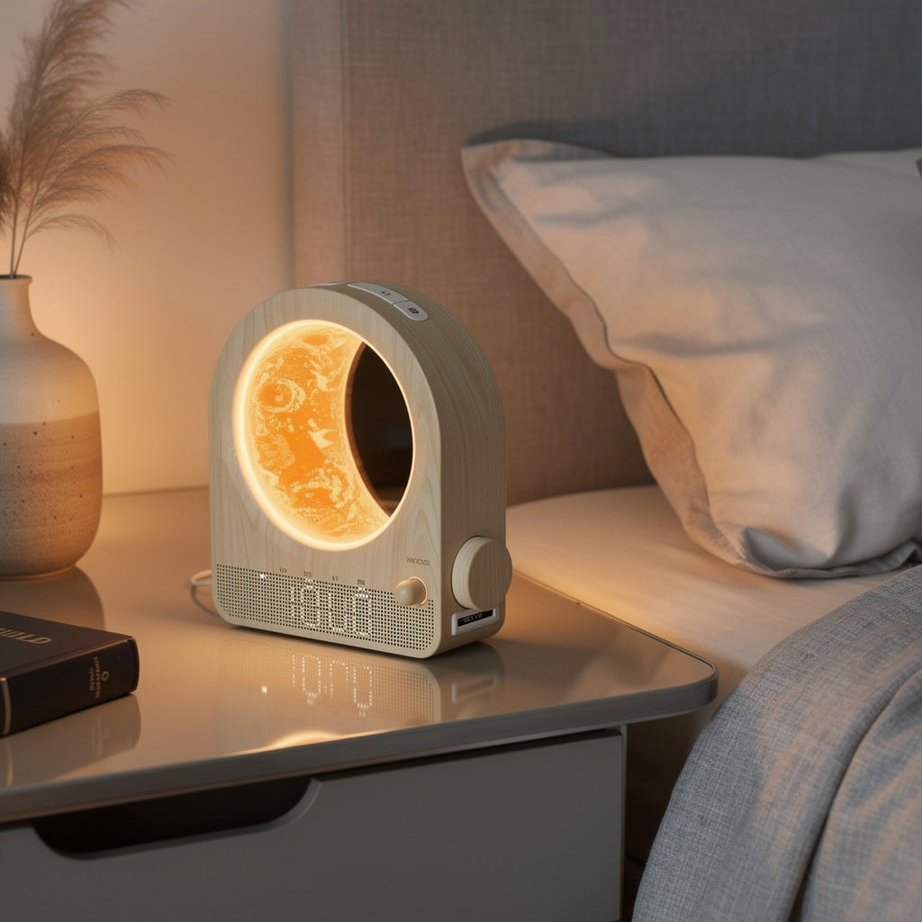 White Noise Sleep Machine with Night Light & Alarm Clock – Moon Glow LED, Wood Grain Design, USB – DreamTone